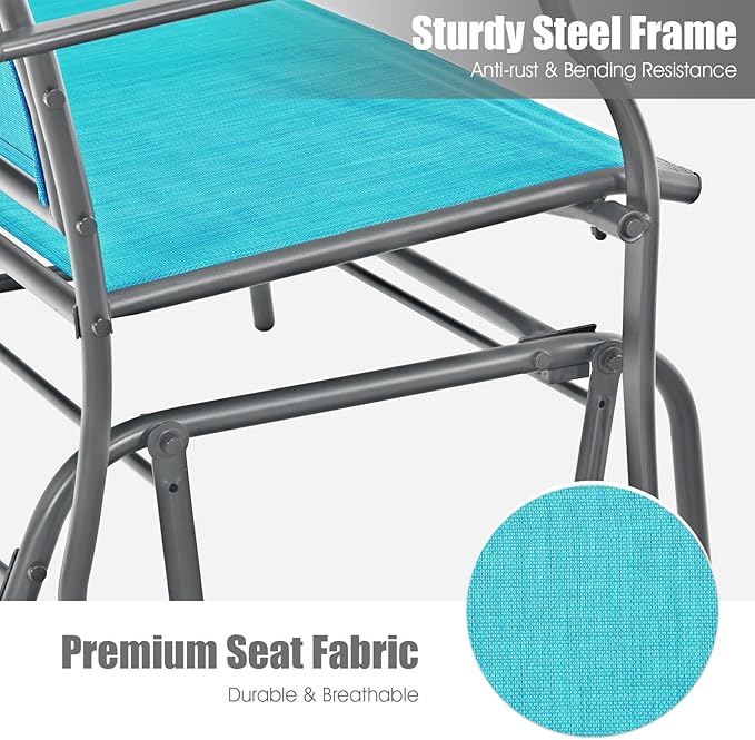 Giantex Outdoor Glider Bench, Patio Glider Bench for Outside, Steel Frame, 400 Lbs Capacity, Ergonomic Swing Rocking Chair Loveseat, 2-Person Porch Swing Rocker for Backyard, Lawn, Balcony, Turquoise