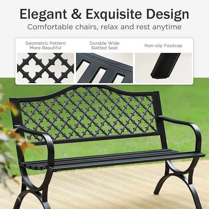 PHI VILLA 50" Garden Metal for Outdoors Weatherproof 2-Person Steel Furniture for Garden, Patio, Porch, Black - Photo 3