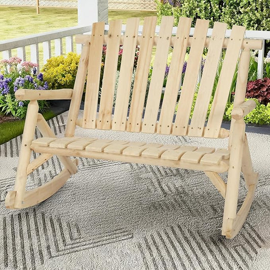 Outdoor Double Wooden Rocking Bench, Adirondack Porch Rocker Chair for 2 Persons, Patio Rustic Log Rocker Loveseat with High Slatted Seat & Backrest for Deck, Backyard, Garden, Natural