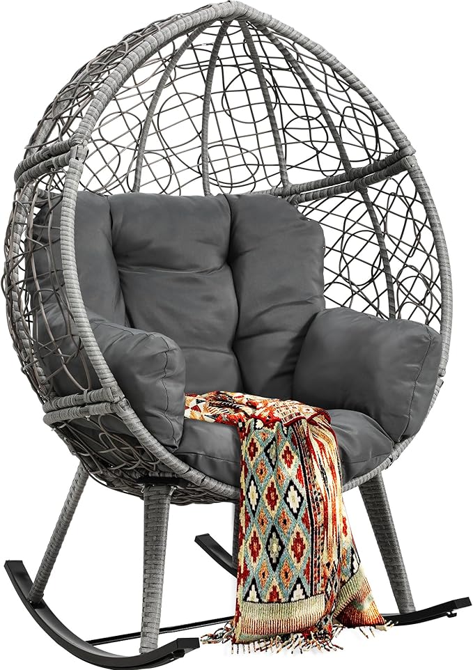 YITAHOME Wicker Rocking Egg Chair with Cushioned Comfort, Patio Rocker 250lb Capacity, Anti-Slip, All-Weather Resilient Rattan Design for Indoor & Outdoor Relaxation Spaces, Grey