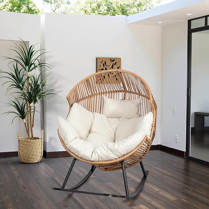 JAMFLY Wicker Egg Chair - Rattan Rocking Chairs with Cushion, Indoor-Outdoor Lounge Egg Basket Seat for Living Room - Photo 7