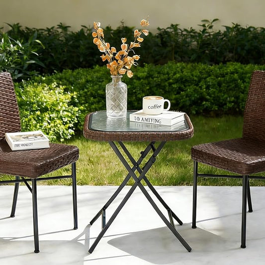 VINGLI 18in Modern Brown Rattan Folding Glass Outdoor Side Table, Small Patio Table with Tempered Glass Top,Rectangular,1 Pack