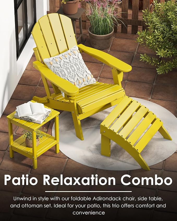 GREENVINES Folding-Adirondack-Chairs-Set-of-4 | HDPE Plastic | Fire Pit Chair | All Weather | Cup Holder | Yellow | for Deck Backyard Patio Outdoor Garden
