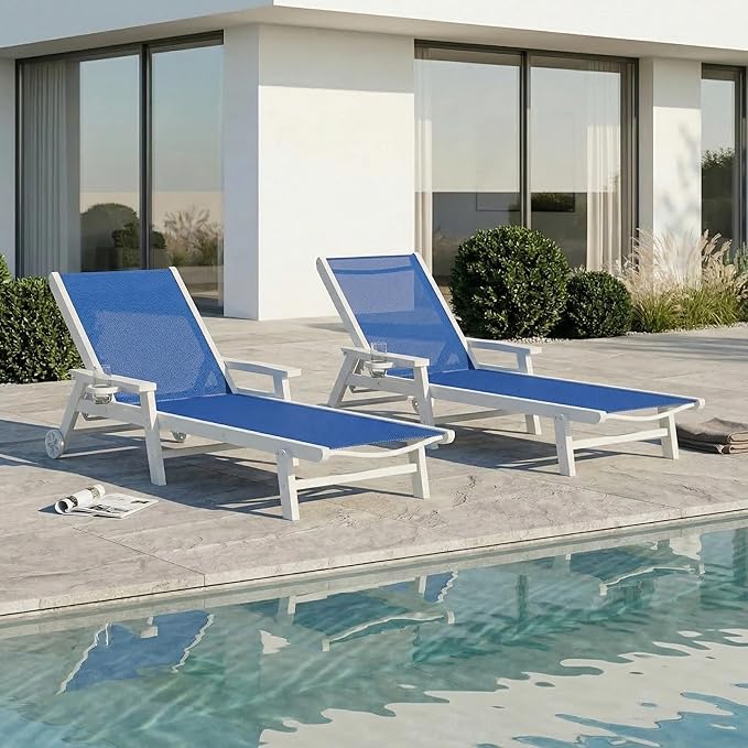 Patio Chaise Lounge Chair with Wheels & Cup Holder, HDPE Textilene Outdoor Lounge Chair 5 Positions Adjustable for Poolside Deck Patio Backyard (2, White Frame, Royal Blue Textilene)