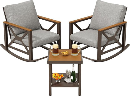 Rocking Bistro Set, 3-Piece Patio Conversation Set, Galvanized Frame Patio Rocking Chairs Set of 2 with Coffee Table and Thickened All-Weather Cushion(Grey)