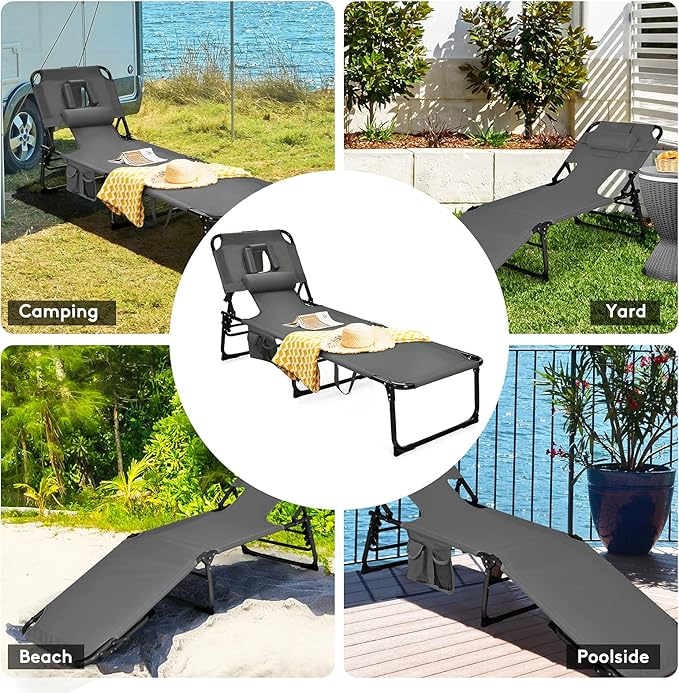 Goplus Tanning Chair, Folding Beach Lounge Chair with Face &Arm Hole, 5-Position Adjustable, Removable Pillow - Photo 8