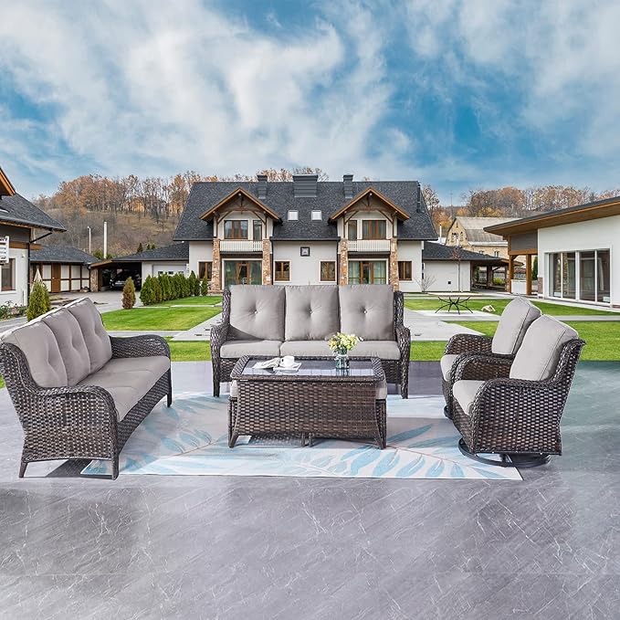 Rilyson Wicker Patio Furniture Set - 7 Piece Rattan Outdoor Sectional Conversation Sets with 2 Rocking Swivel Chairs - Photo 2