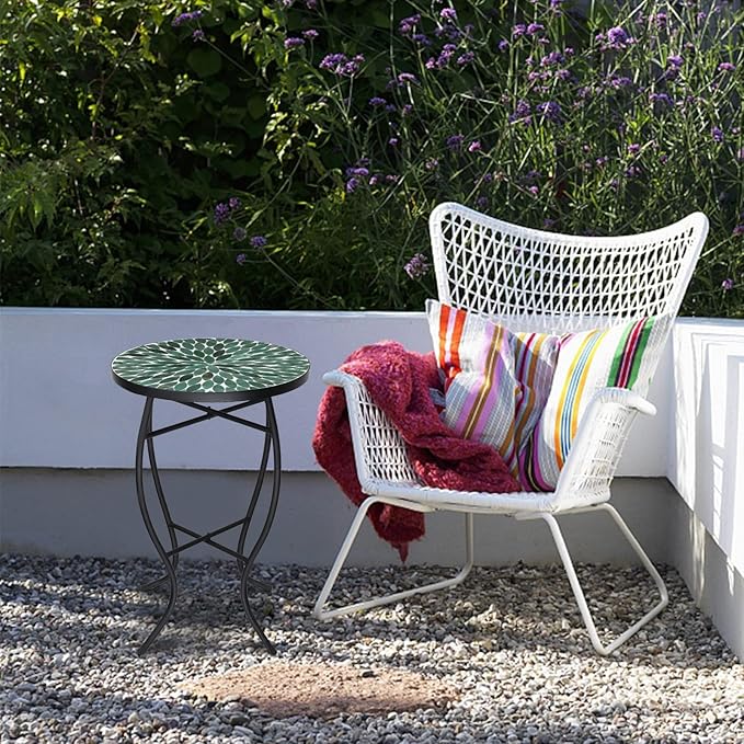 VCUTEKA Mosaic Outdoor Side Table - Small Patio Table Coffee Outside Accent Tables Round End Plant Tables for Bistro Balcony Porch Outdoor Benches 14'' Green