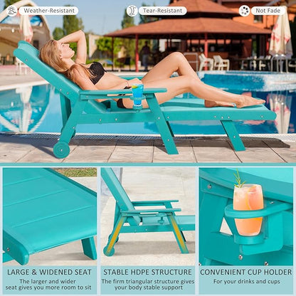 Outdoor Chaise Lounge Chair Set of 2, 5-Position Adjustable Padded Patio Lounge Chair with Wheels & Cup Holder, HDPE Pool Lounge Chair with Textilene Surface for Outside, Poolside (Aruba)
