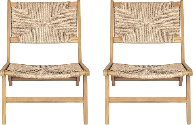 Christopher Knight Home Oner Lounge Chair Outdoor Set of 2, Sturdy Acacia Wood Armless Chair, Weather Resistant Outdoor Furniture, Garden/Poolside Extra Seat with Natural PE Wicker, Light Teak