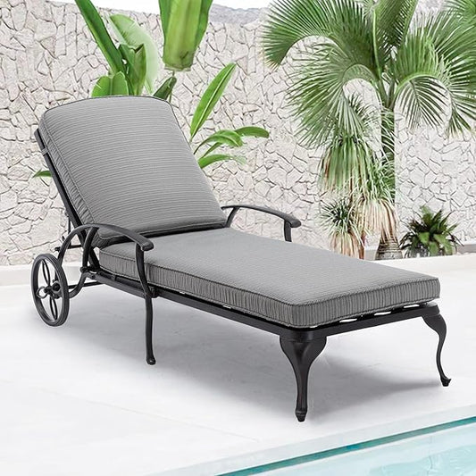 HOMEFUN Outdoor Chaise Lounge Chair with Cushion - Poolside Set of 1 Chair for Outside Cast Aluminum Waterproof Lounger with Wheels and Adjustable Reclining (Gray Cushion)