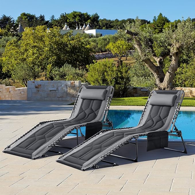 Flamaker Folding Chaise Lounge Outdoor Portable Lounge Chairs 4-Position Adjustable Camping Lounge Chair with Pillow & Side Bag Lightweight Recliner Sunbathing Chair for Pool Beach Deck (Grey)