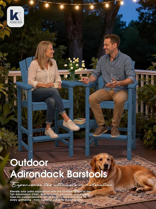 KINGYES Tall Adirondack Chair Set of 2, All-Weather HDPE Outdoor Adirondack Barstools with Double Connecting Trays, Bar High Airondack Chair with Wood Grain, Embossed Balcony Chair for Backyard, Blue