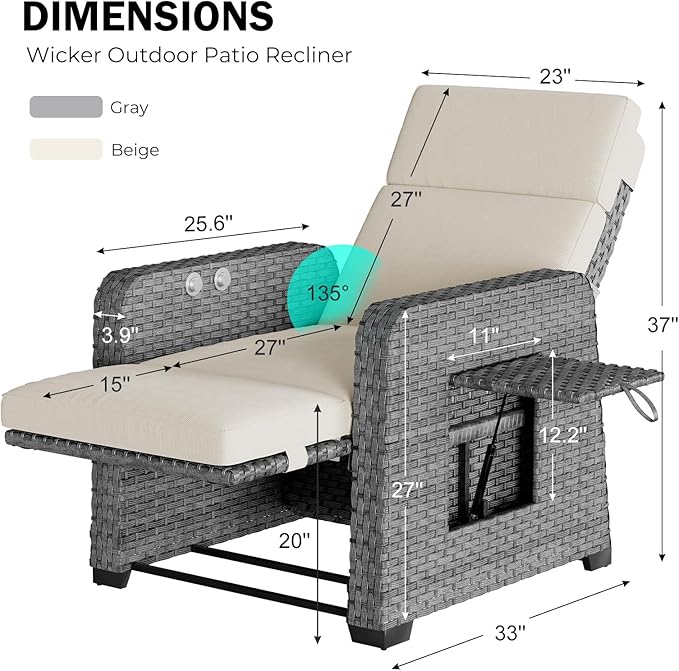 Restland Outdoor Recliner with Independent Adjustable Back & Footrest Wicker Patio Reclining Chair with Flip Table - Photo 2