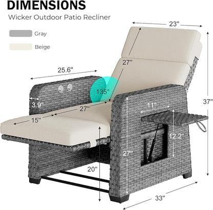 Restland Outdoor Recliner with Independent Adjustable Back & Footrest Wicker Patio Reclining Chair with Flip Table Comfortable Lounge Chair & Thick Cushion for Deck, Porch (Beige)