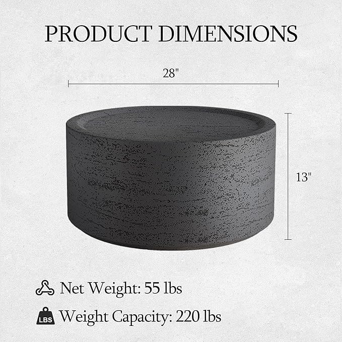 UPHA 28" Round Outdoor Coffee Table, Modern Hollow Concrete Patio Table, Small Minimalist Low Accent Table for Living Room, Balcony, Deck, Backyard, Dark Gray