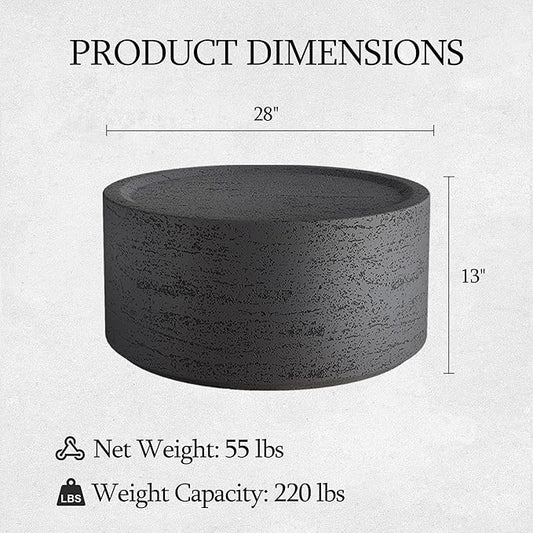 UPHA 28" Round Outdoor Coffee Table, Modern Hollow Concrete Patio Table, Small Minimalist Low Accent Table for Living Room, Balcony, Deck, Backyard, Dark Gray