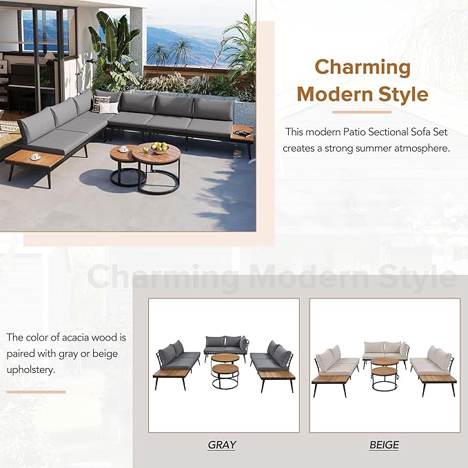 Modern Outdoor Sectional Sofa Set with Round Nesting Coffee Tables and Cushions, 6-Piece Patio Furniture Set for Porch - Photo 7