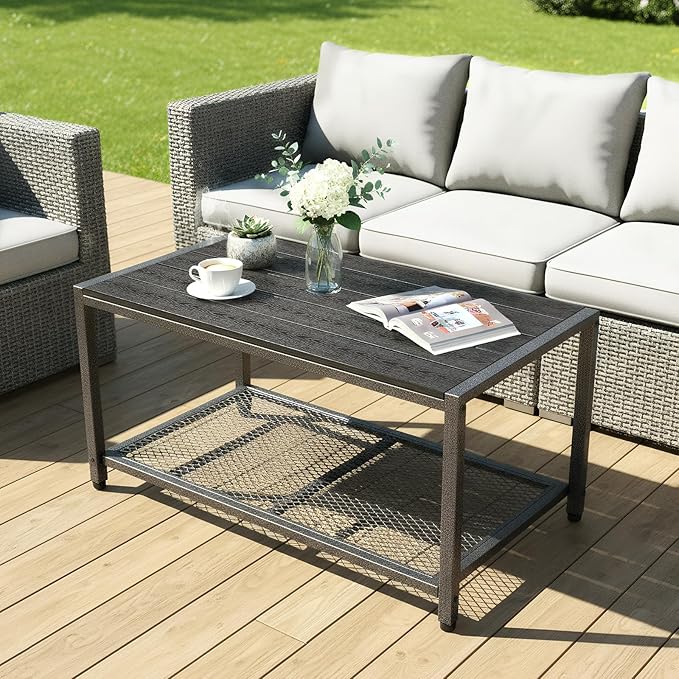 VINGLI Outdoor Coffee Table with Double-Layer Storage, Rectangle Weather-Resistant Patio Coffee Table for Garden - Photo 7