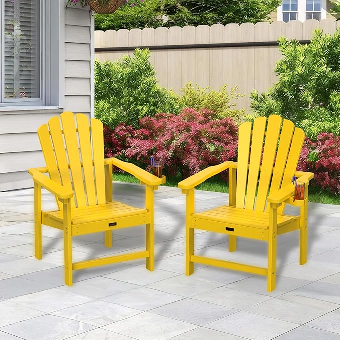VINGLI Plastic Folding Adirondack Chair with Cup Holder, 100% Recyclable HDPE Material, 380lb Weight Capacity for Outdoor Pool Patio Lounge Chair Lawn Furniture Fire Pit, 4 Pack, Lemon Yellow