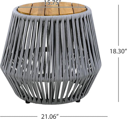Merax Bohemian Round Outdoor Side Table with Acacia Wood Top and Grey Handwoven Rope Base, Boho Patio Coffee Table for Garden, Pool, Deck, Balcony, Yard