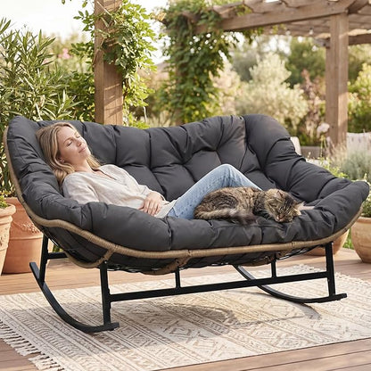 RADIATA Oversized Double Papasan Rocking Chair, Extra Large Recliner Glider with Cozy Cushion, 2 Person Egg Lounger Chairs, PE Wicker Big Loveseat for Indoor Outdoor Porch Patio, Dark Grey