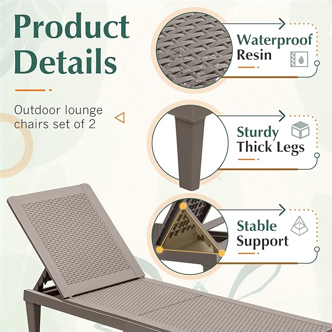 GUNJI Lounge Chairs for Outside Patio Waterproof Resin Chaise Lounge Outdoor Adjustable Lounge Chairs Set of 2 Pool Chairs Sun Loungers for Deck, Poolside and Beach (Beige)
