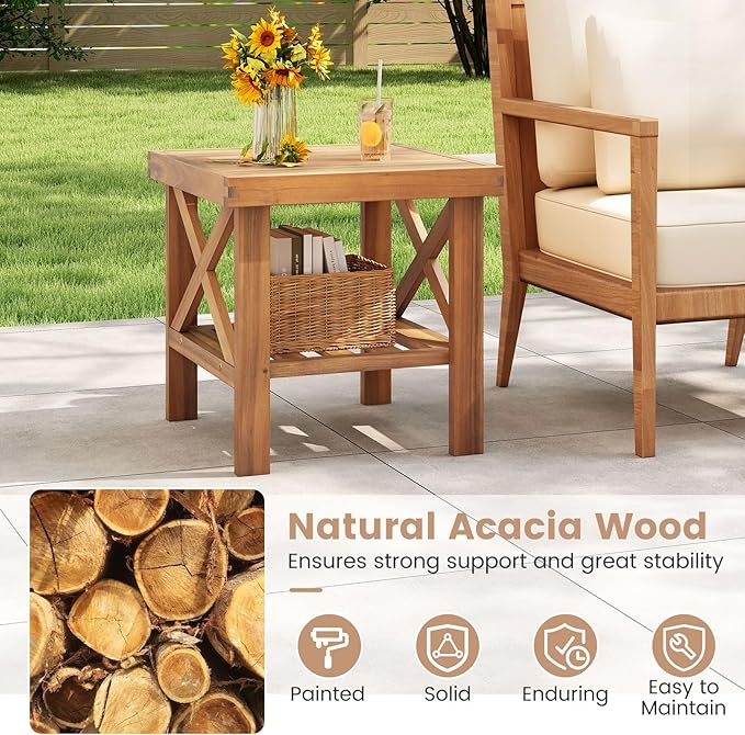 Tangkula Outdoor Side Table, 2-Tier Acacia Wood Adirondack Bistro Small Square Patio Table with Slatted Tabletop & - Photo 4