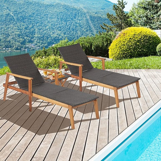 Tangkula 3 Piece Patio Chaise Lounge & Table Set, Outdoor Rattan Lounge Chair w/Folding Side Table, 4-Level Adjustable Backrest, Solid Acacia Wood Frame, Recliner & Table Set for Backyard (Mix Brown)