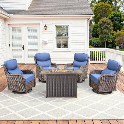 Luxury High Back Patio Furniture Set with Fire Pit Table & 6-Inch Thick Cushions, 5-Pieces Outdoor Furniture with 4 Swivel Chairs, Wicker Conversation Set for Porch, Balcony, Deck and Yard, Brown/Blue