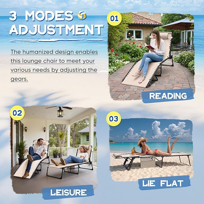 Devoko Lounge Beach Chair for Adults, Outdoor Sun Tanning Chair, Portable Folding Camping Lay Chaise Lounge Chairs for Outside Beach Pool Reading, Sunbathing (1, Beige)