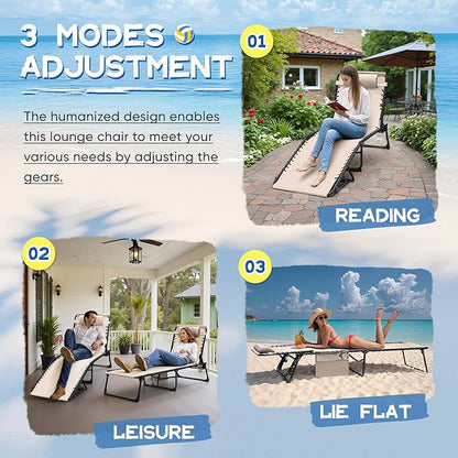 Devoko Lounge Beach Chair for Adults, Outdoor Sun Tanning Chair, Portable Folding Camping Lay Chaise Lounge Chairs for Outside Beach Pool Reading, Sunbathing (1, Beige)