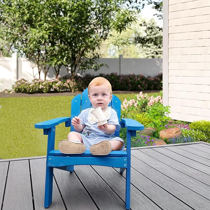 LUE BONA Kids Adirondack Chair Set of 2, Blue Poly Lumber Plastic Weather Resistant Toddler Outdoor Patio Lounge Chair for Balcony, Backyard