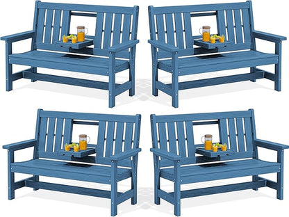 SERWALL Outdoor Bench with Cup Holder, 58" HDPE Garden Park Bench Suitable for 3 Person, All Weather Patio Benches with High Backrest and Wide Armrests for Garden, Park, Yard, Front Porch, Navy