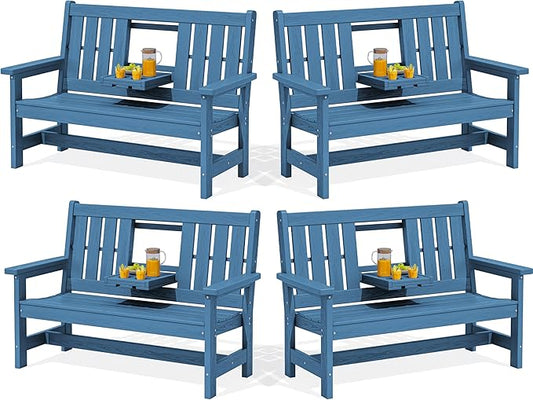 SERWALL Outdoor Bench with Cup Holder, 58" HDPE Garden Park Bench Suitable for 3 Person, All Weather Patio Benches with High Backrest and Wide Armrests for Garden, Park, Yard, Front Porch, Navy