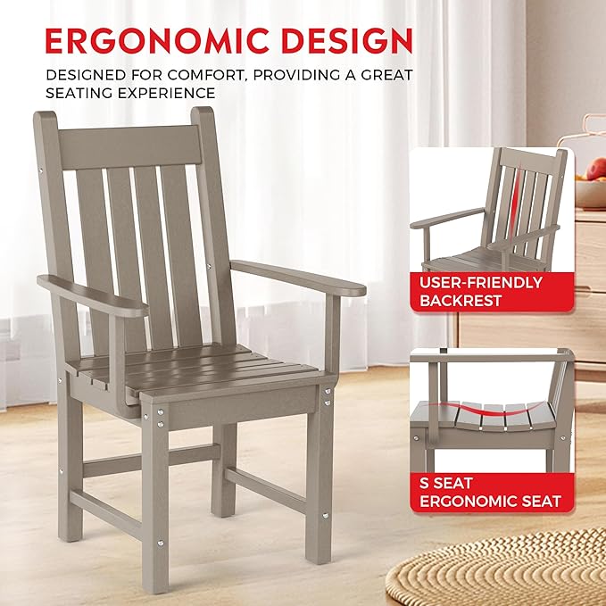 Costaelm Patio Dining Chairs, Plastic Outdoor Adirondack Chair with Arm, HDPE Poly Lumber, Waterproof Restaurant Bistro Dining Chair for Outside Porch Backyard Garden, Weathered Wood