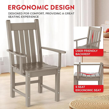 Costaelm Patio Dining Chairs, Plastic Outdoor Adirondack Chair with Arm, HDPE Poly Lumber, Waterproof Restaurant Bistro Dining Chair for Outside Porch Backyard Garden, Weathered Wood