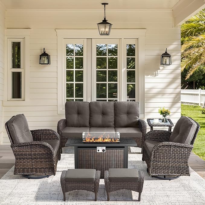 7 Pieces Outdoor Furniture with Fire Pit Deep Seating Wicker Patio Couch with Patio Swivel Chairs Outdoor Furniture Set for Deck Porch Garden Balcony Poolside-Brown/Grey