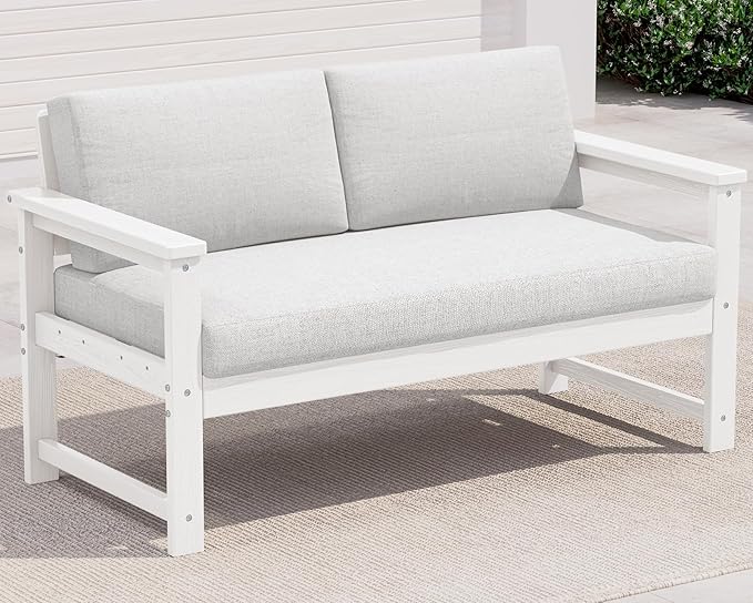 SERWALL HDPE Outdoor Loveseat with Cushions, All Weather Use Outdoor Loveseat Sofa, White Frame/Khaki Cushion - Photo 1