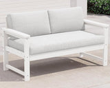 SERWALL HDPE Outdoor Loveseat with Cushions, All Weather Use Outdoor Loveseat Sofa, White Frame/Khaki Cushion - Photo 1