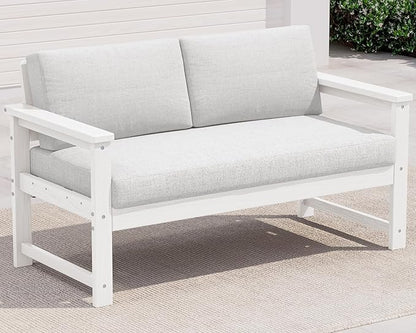 SERWALL HDPE Outdoor Loveseat with Cushions, All Weather Use Outdoor Loveseat Sofa, White Frame/Khaki Cushion