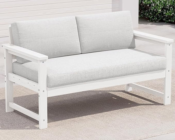 SERWALL HDPE Outdoor Loveseat with Cushions, All Weather Use Outdoor Loveseat Sofa, White Frame/Khaki Cushion - Photo 1