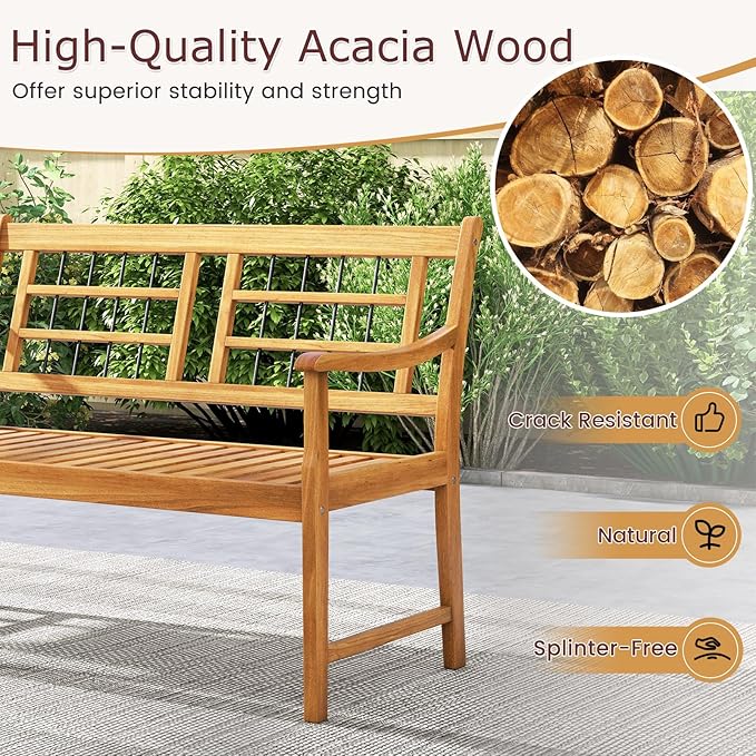 Tangkula Patio Acacia Wood Bench, Wooden 2-Person Outside Chair w/Curved Armrests, Slatted Seat & Backrest, Outdoor Loveseat for Backyard, Balcony, Garden, 800 lbs Max Load