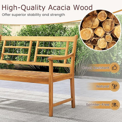 Tangkula Patio Acacia Wood Bench, Wooden 2-Person Outside Chair w/Curved Armrests, Slatted Seat & Backrest, Outdoor Loveseat for Backyard, Balcony, Garden, 800 lbs Max Load