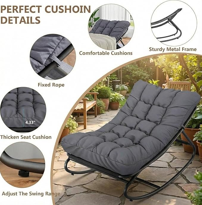 GarveeHome Wicker Rocking Chair, Papasan Egg Rocker with Iron Frame & Thick Cushion, Adjustable Rocking Range & Fixed Rope, 450 lbs Capacity Indoor/Outdoor for Porch, Garden, Grey
