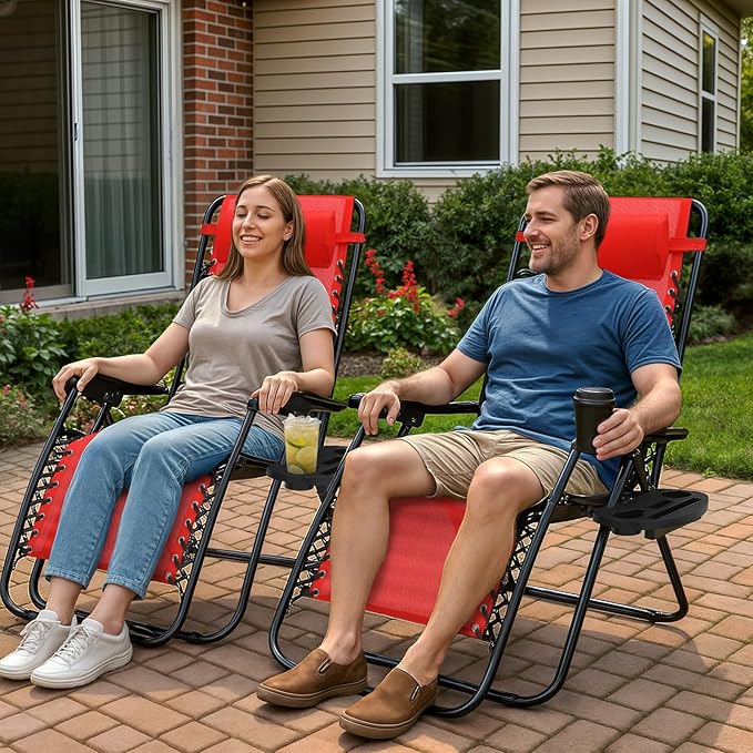 Magshion Zero Gravity Lounge Chair, Adjustable Folding Recliner with Cup Holder Side Tray & Removable Headrest Pillow, Portable Outdoor Patio Lounger for Camping, Beach, Lawn, Backyard, Red