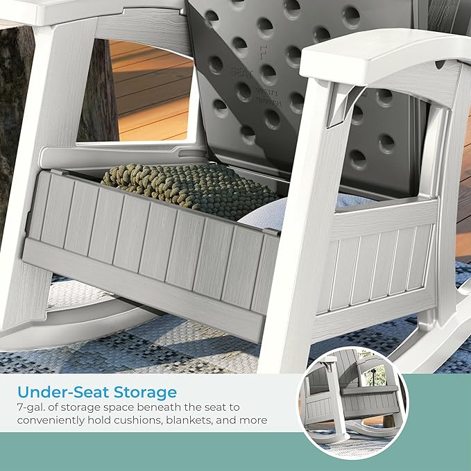 Suncast Outdoor Patio Rocking Chair with Under-Seat Storage, Stylish Faux Wood Outdoor Rocker for Patios, Dove Gray and Ice Cube, Made in The USA