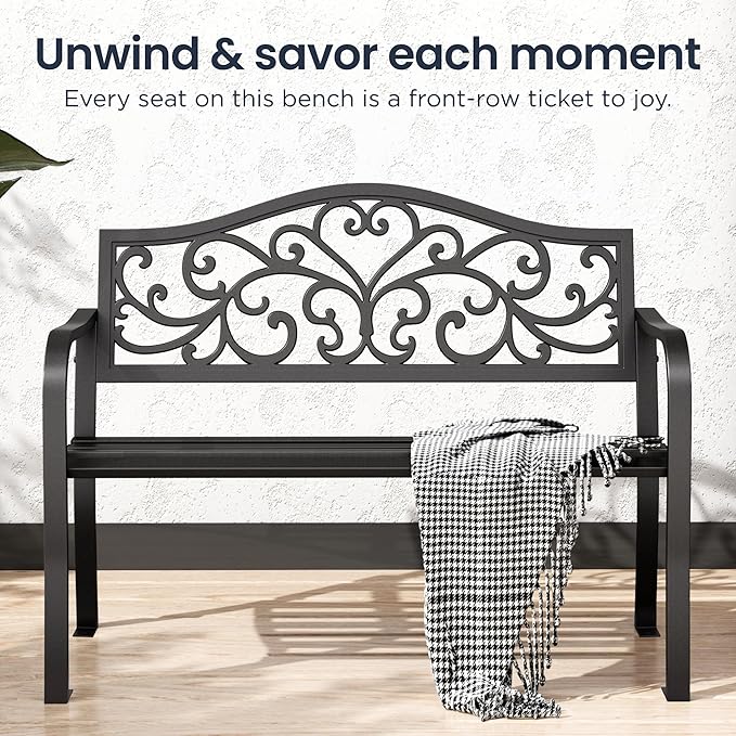 PHI VILLA 43 Inch Cast Iron Steel Frame Outdoor Garden Bench, Patio Furniture Chair Bench w/Floral Design Backrest - Photo 7
