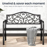 PHI VILLA 43 Inch Cast Iron Steel Frame Outdoor Garden Bench, Patio Furniture Chair Bench w/Floral Design Backrest - Photo 7