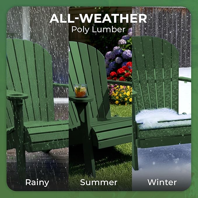 Ecommersify Folding Adirondack Chair with Cup Holder - (Turf Green) - Heavy Duty Recycled Poly Lumber Folding Chair - Amish Crafted Outdoor Furniture - Made in USA